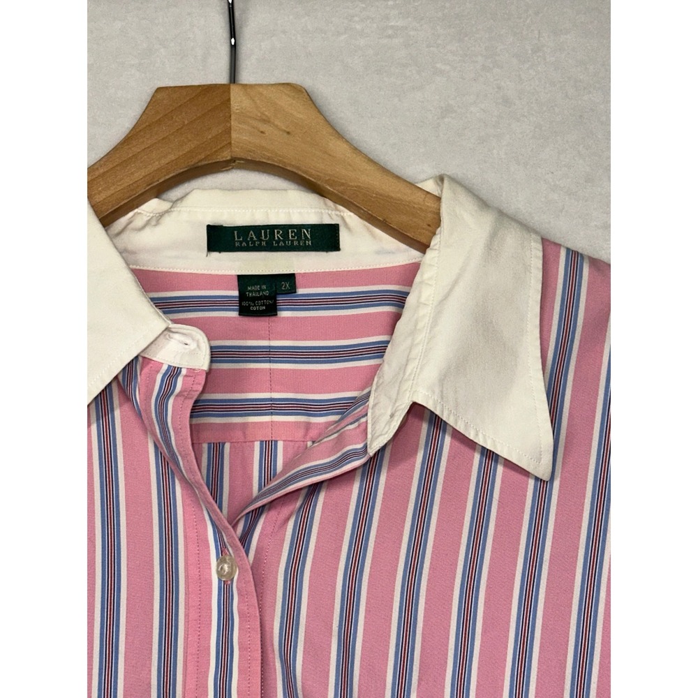Lauren Ralph Lauren Womens 2X Pink Blue Striped Button Down Shirt White Collar